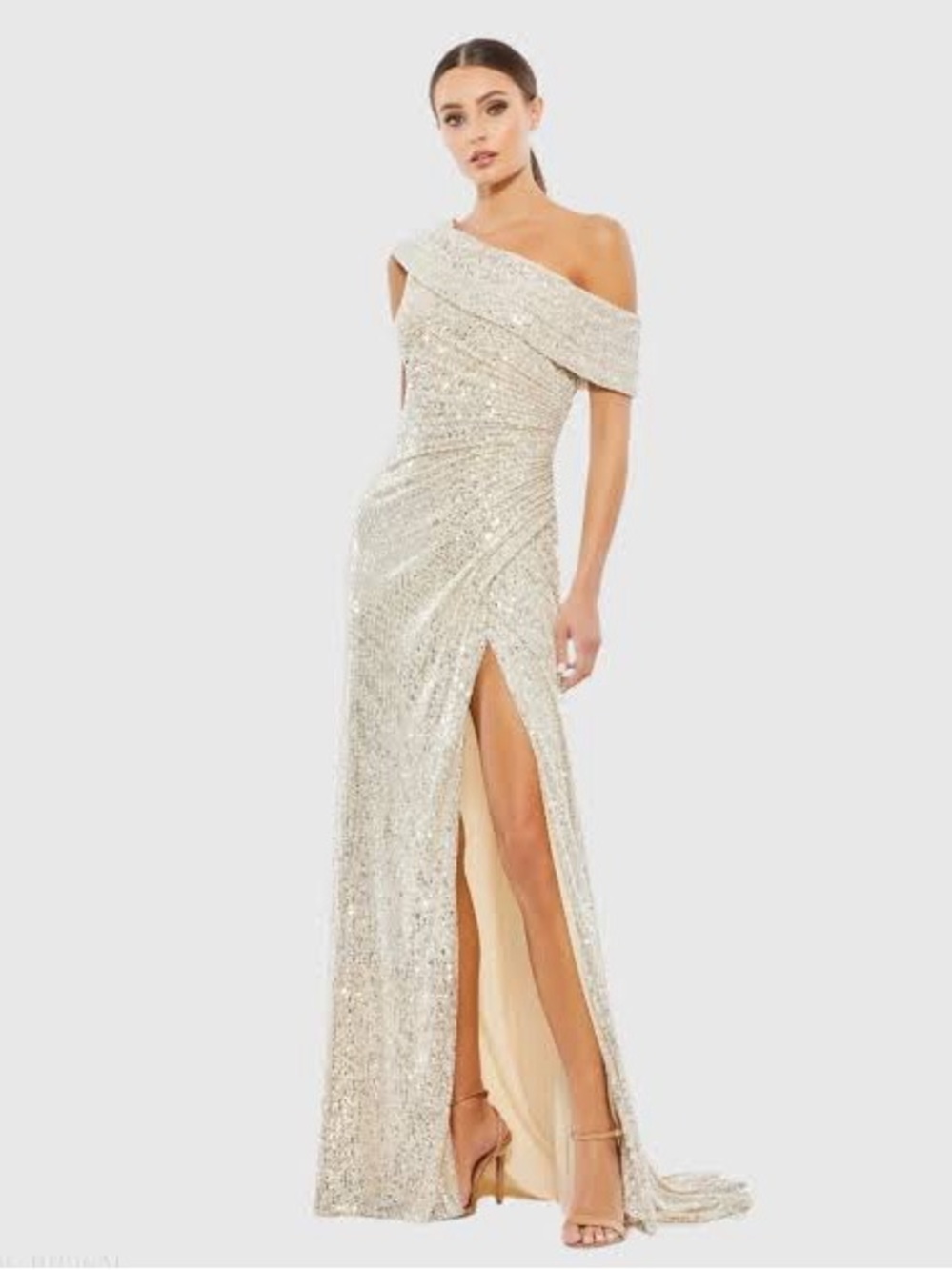 Ieena for Mac Duggal Cream Sequin One Shoulder Drop Shoulder Formal Gown Size 10